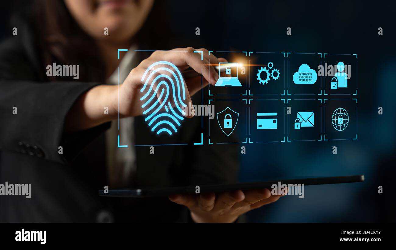 System for safeguarding digital identity using fingerprint authentication, encryption, and secure access protocols across cloud, device, and personal Stock Photo