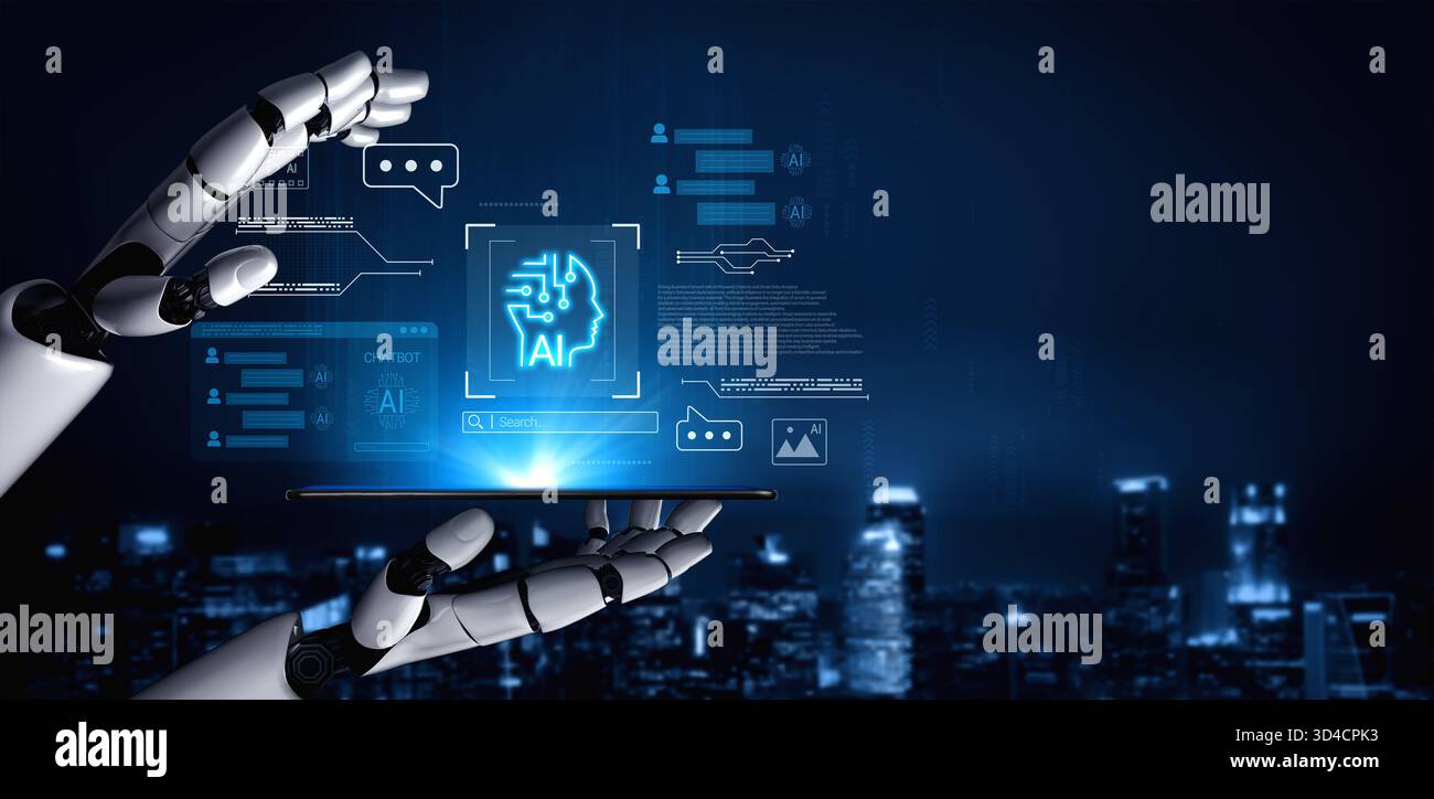 AI chatbot system analyzing user interactions and automating real-time responses, combining data-driven insights with intelligent communication Stock Photo