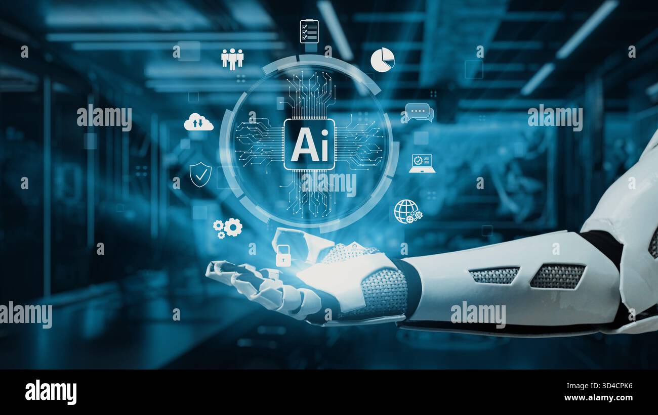 A futuristic robotic hand showcases various icons representing ...