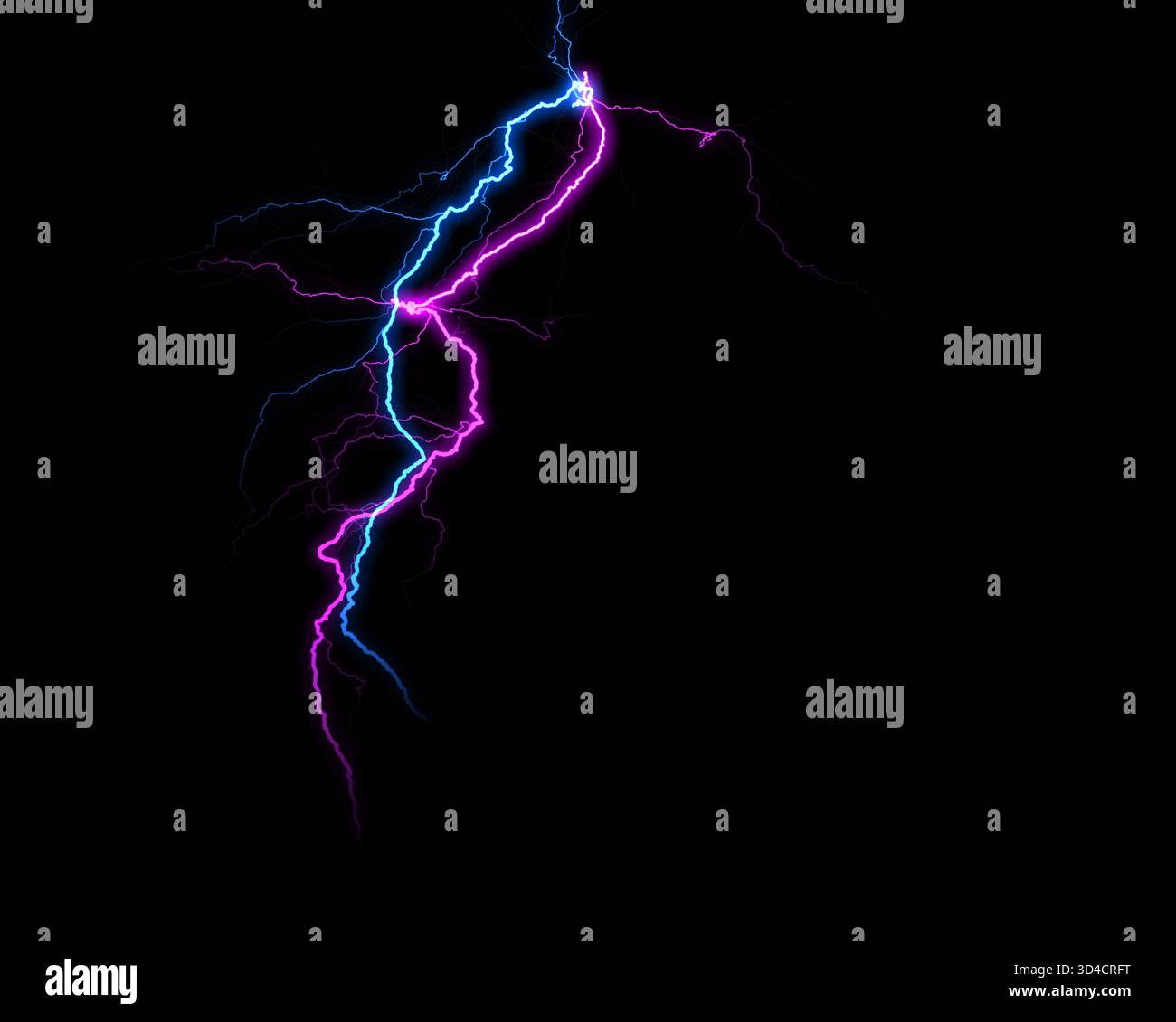 Bright blue and pink lightning flashes through the void, creating a dynamic, electrifying visual against pure darkness. Stock Photo