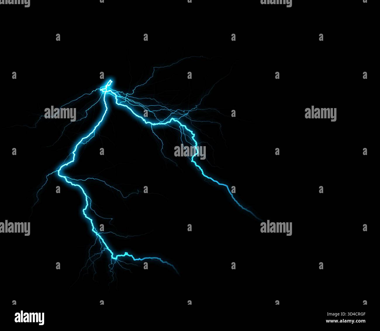 A vibrant cyan lightning bolt illuminates a dark void, striking with ...