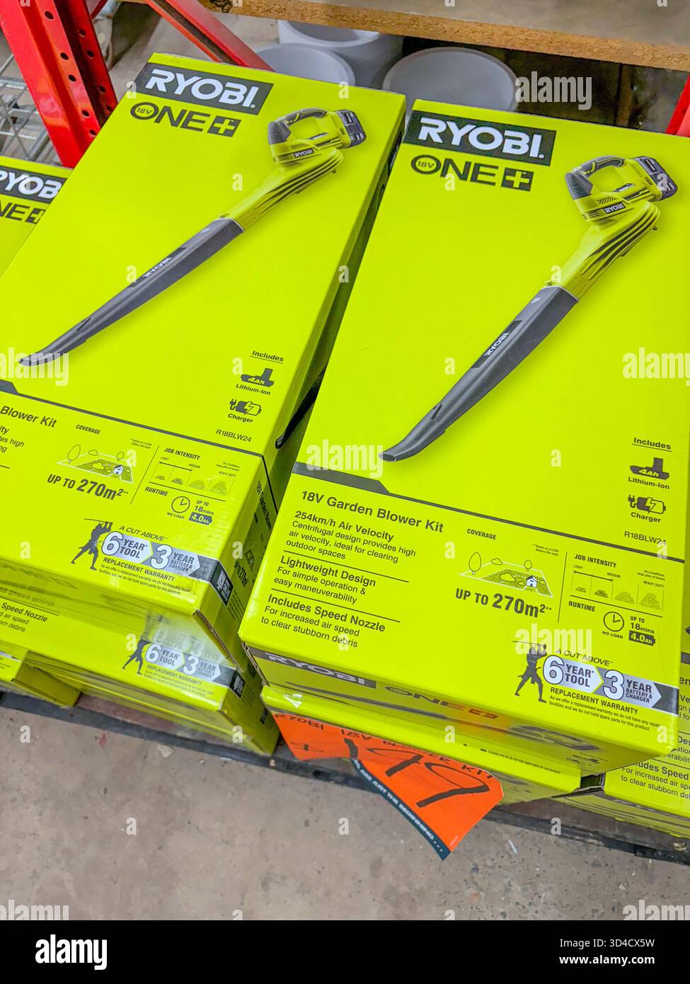 Ryobi One Plus garden blower kit for sale in Bunnings Warehouse hardware store, Sydney, NSW, Australia - Smartphone Captured Stock Image