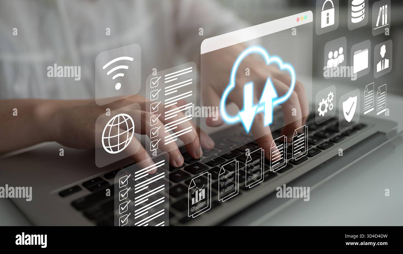 Cloud upload and download icon with surrounding data management, security, and analytics icons in digital interface Parse Stock Photo