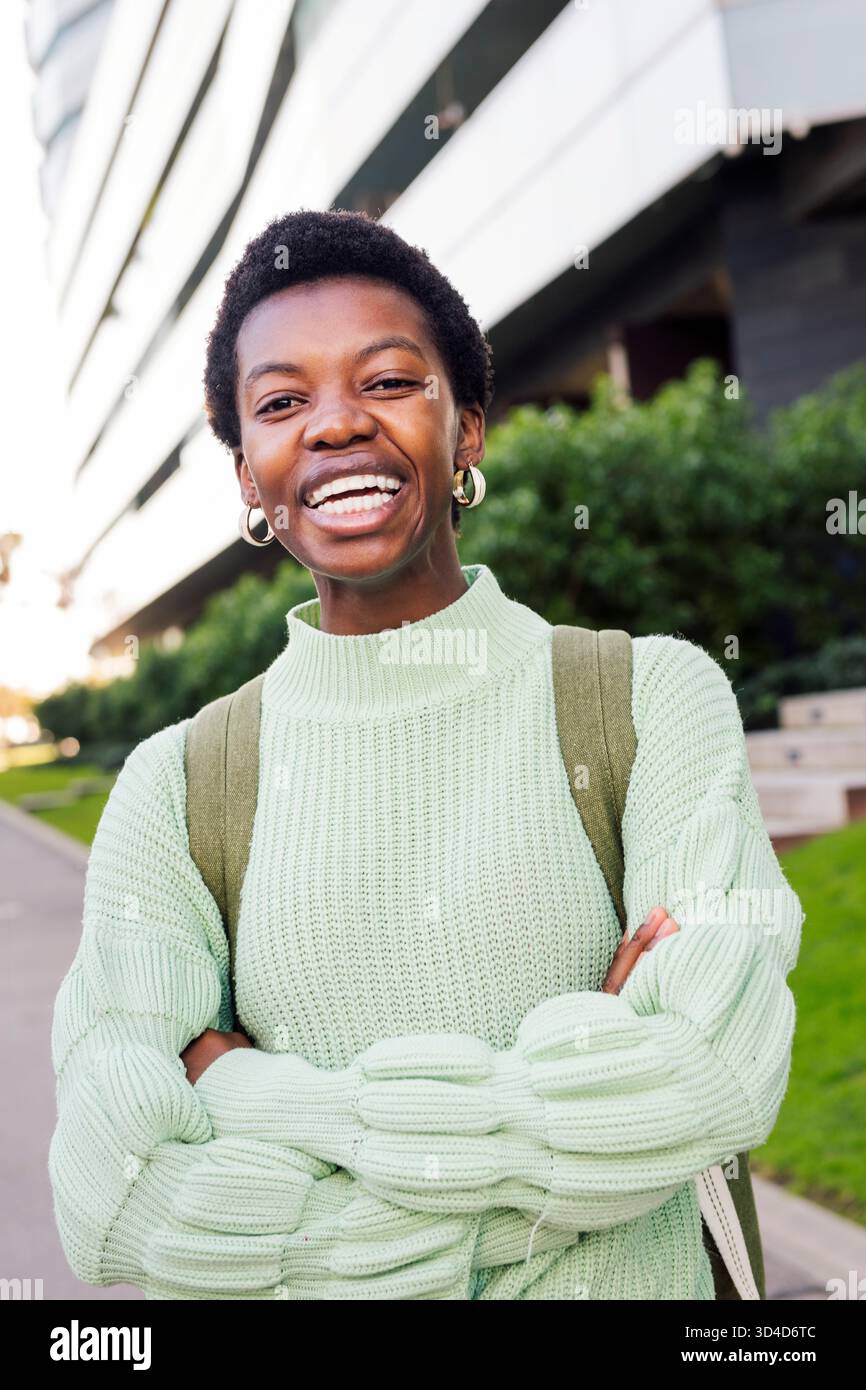 portrait of a happy young woman with short hair Stock Photo