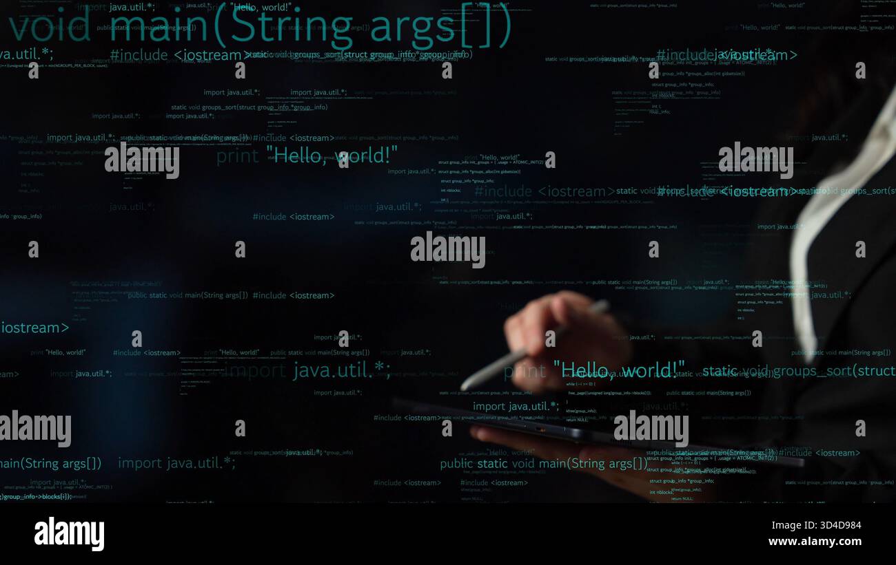 A close-up of hands holding a tablet with dynamic computer code displayed on the screen. This abstract image represents modern technology and software Stock Photo