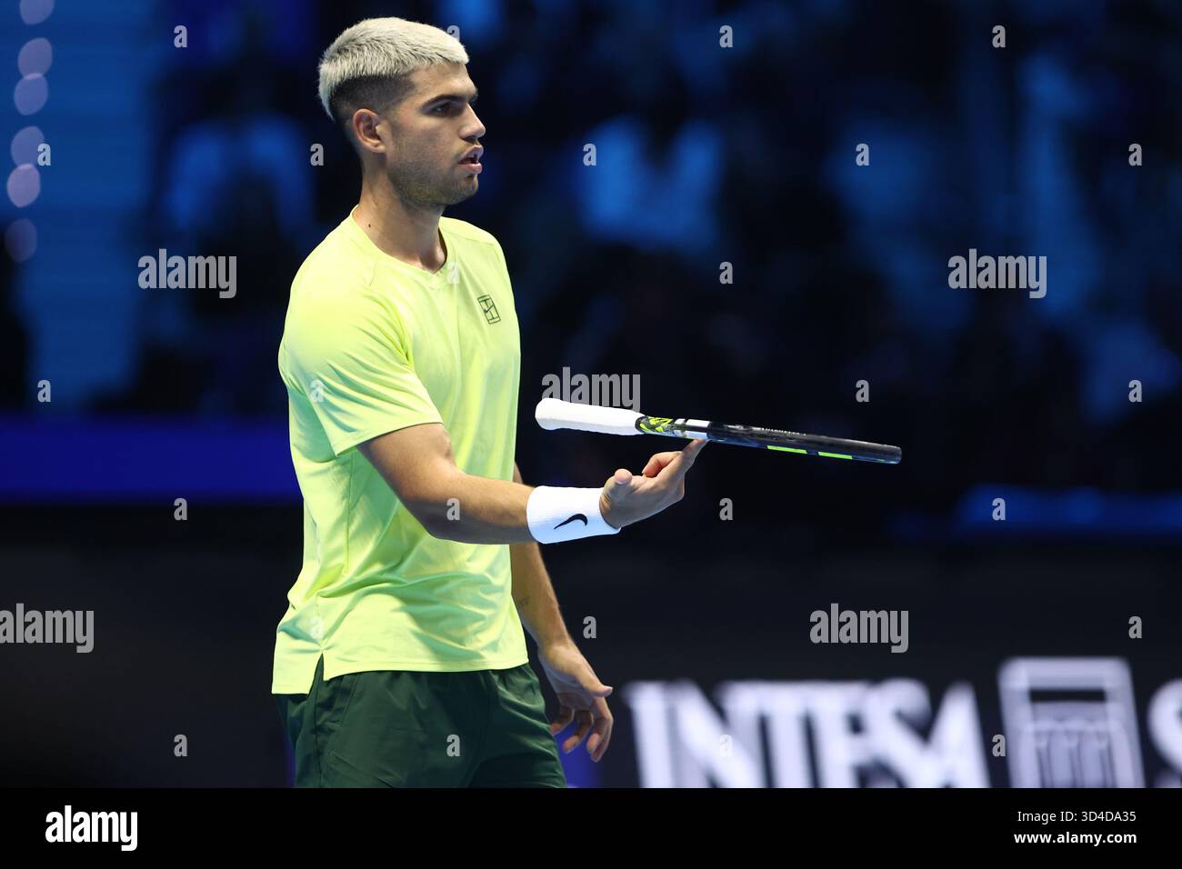 Carlos Alcaraz of Spain swings a tennis racket during the Round Robin ...