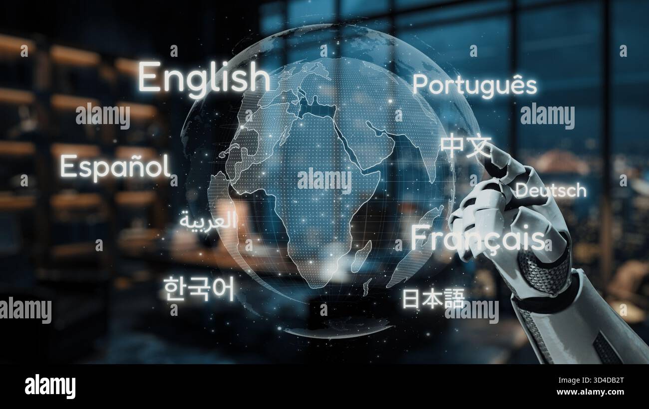 This image showcases a high-tech office space featuring a digital globe with diverse languages, symbolizing advanced communication and technology Stock Photo