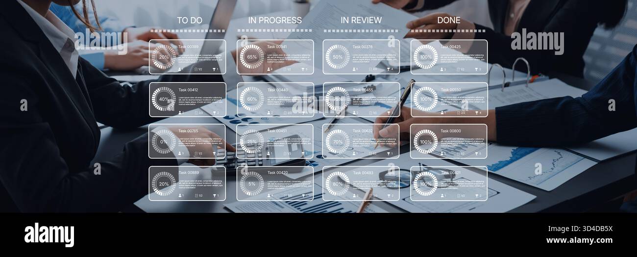 Project Management Board with Team Members Collaborating on Progress Tracking Using Visual Task Organization in a Modern Office Setting Trope. Stock Photo