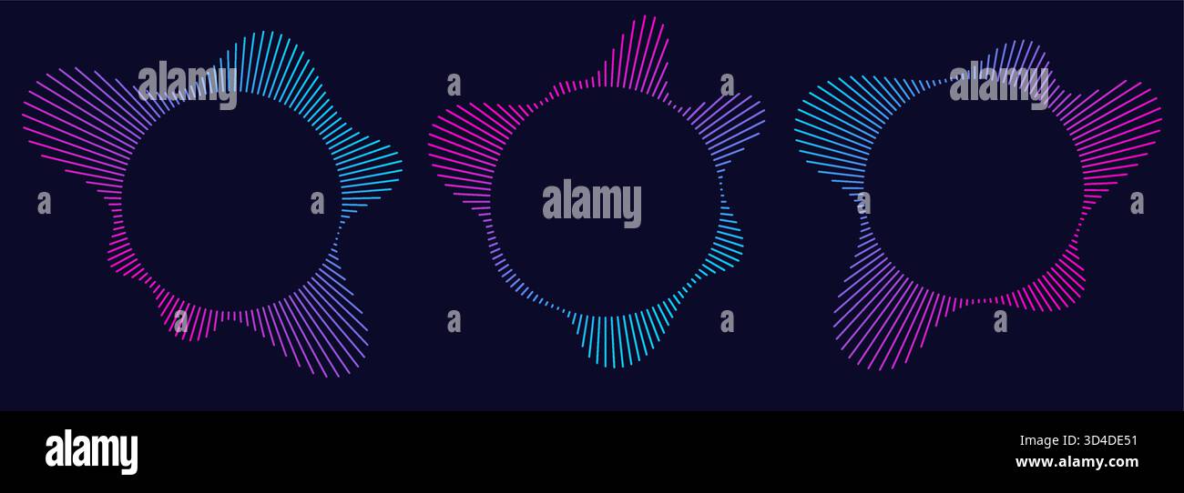 Sound equalizer icons with lines, gradient neon circular sound wave ...