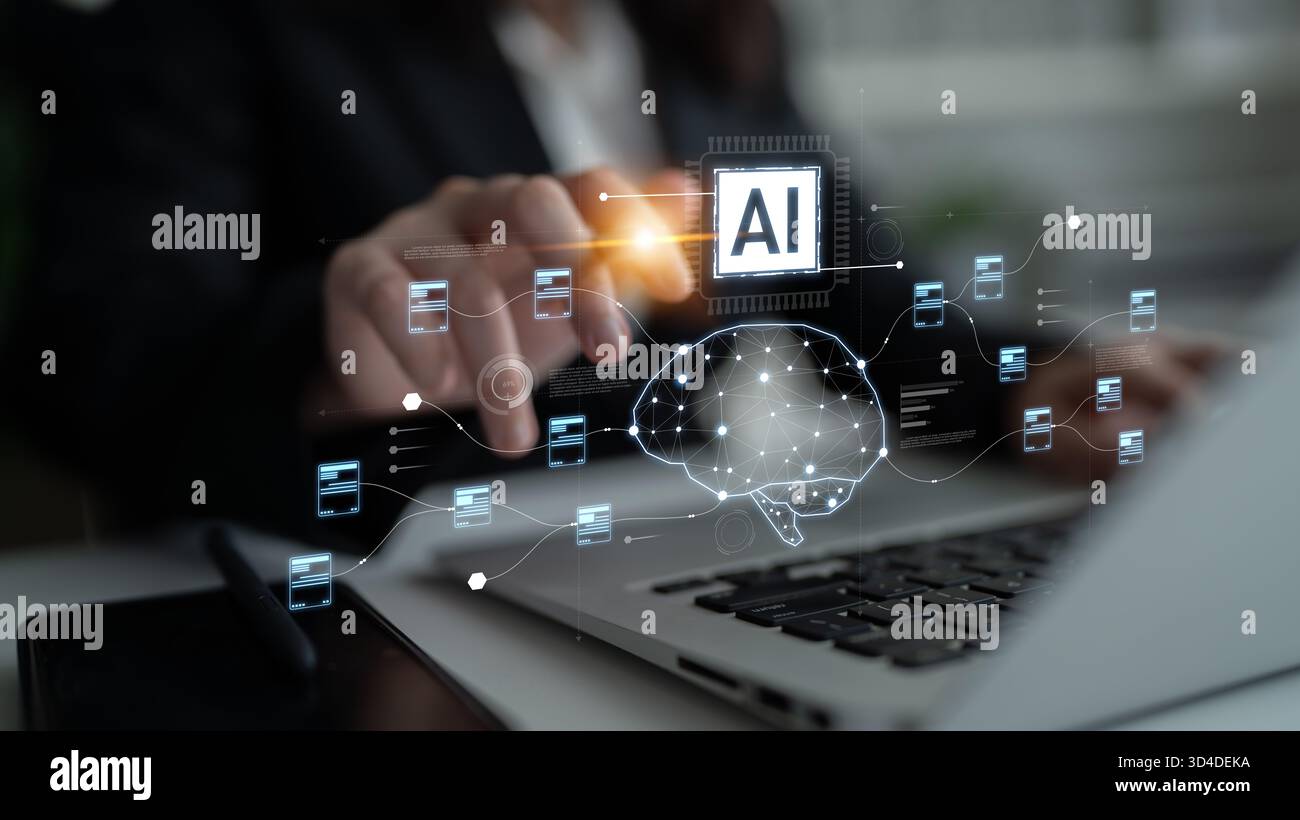 AI neural network and data processing system visualizing artificial intelligence with brain structure, chip, and connected data blocks for computation Stock Photo