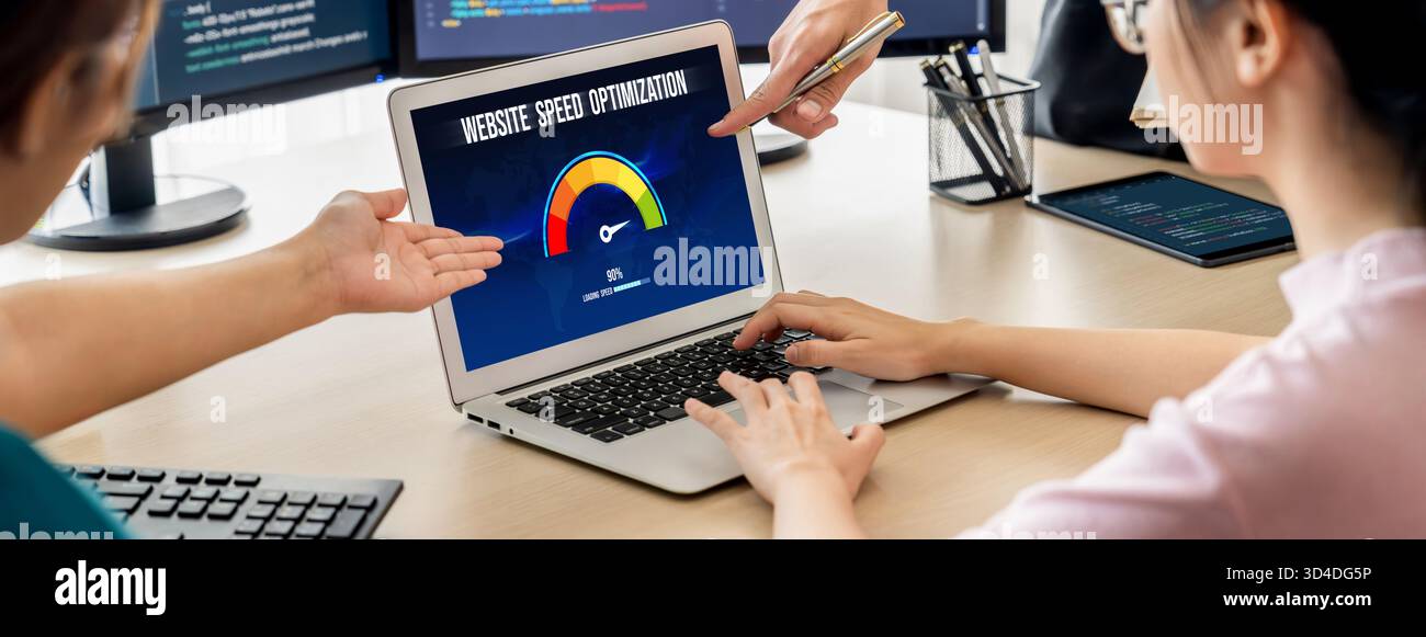 Computer software evaluating website loading speed. Concept of improving website loading speed brisk. Stock Photo
