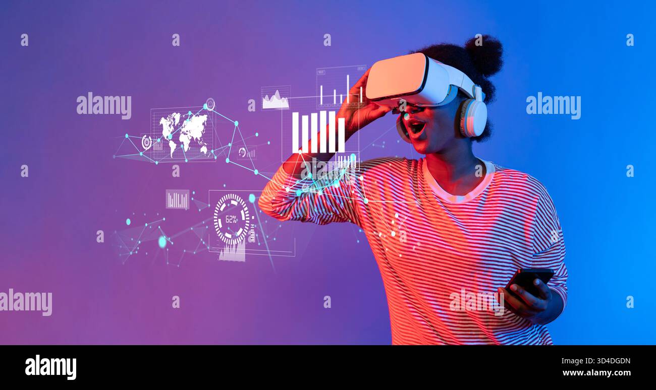 Innovative Young Woman Using Virtual Reality Technology with Data ...