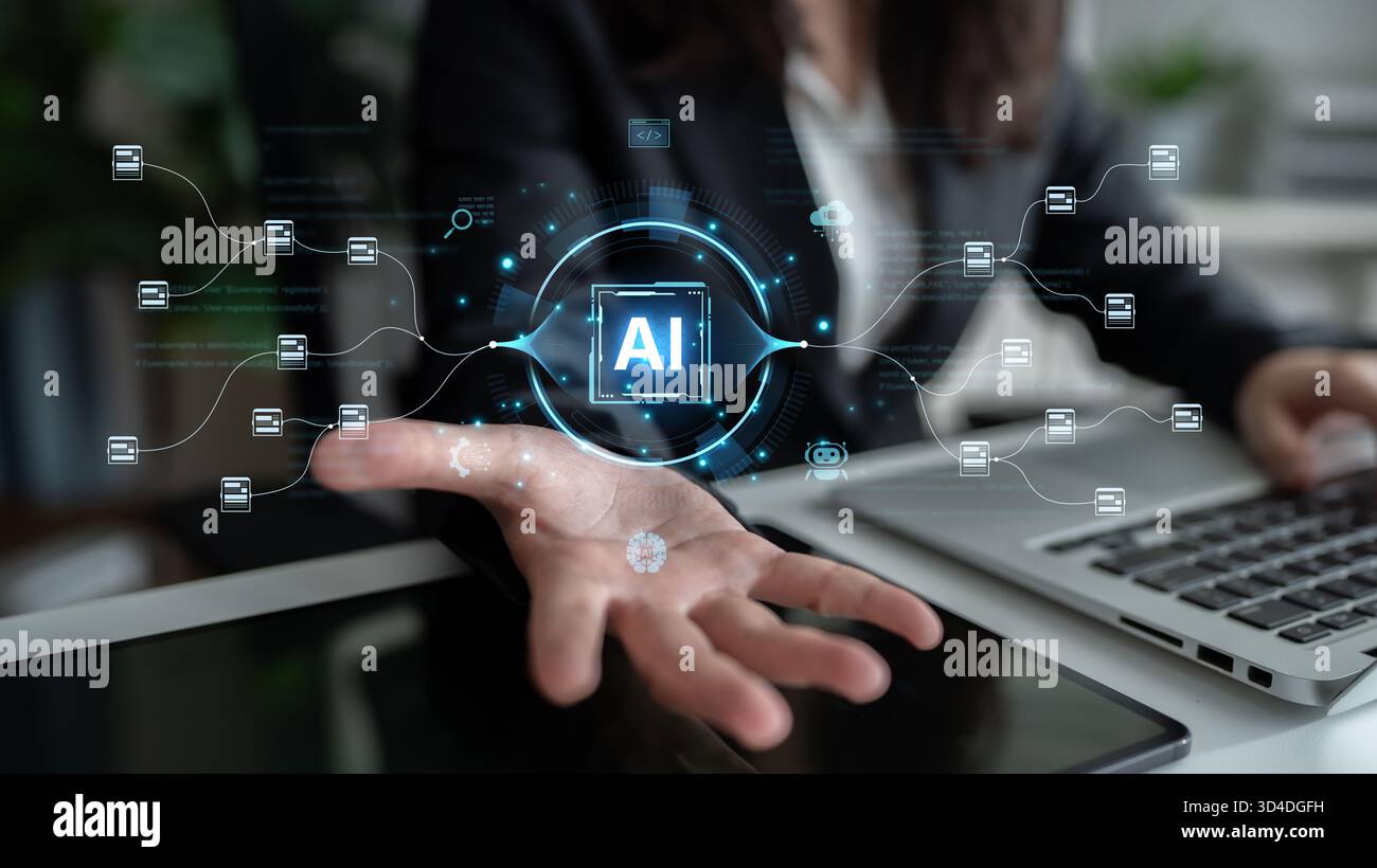 An AI-powered system for automating data workflows. The central intelligence processes and distributes information, managing complex data pipelines as Stock Photo