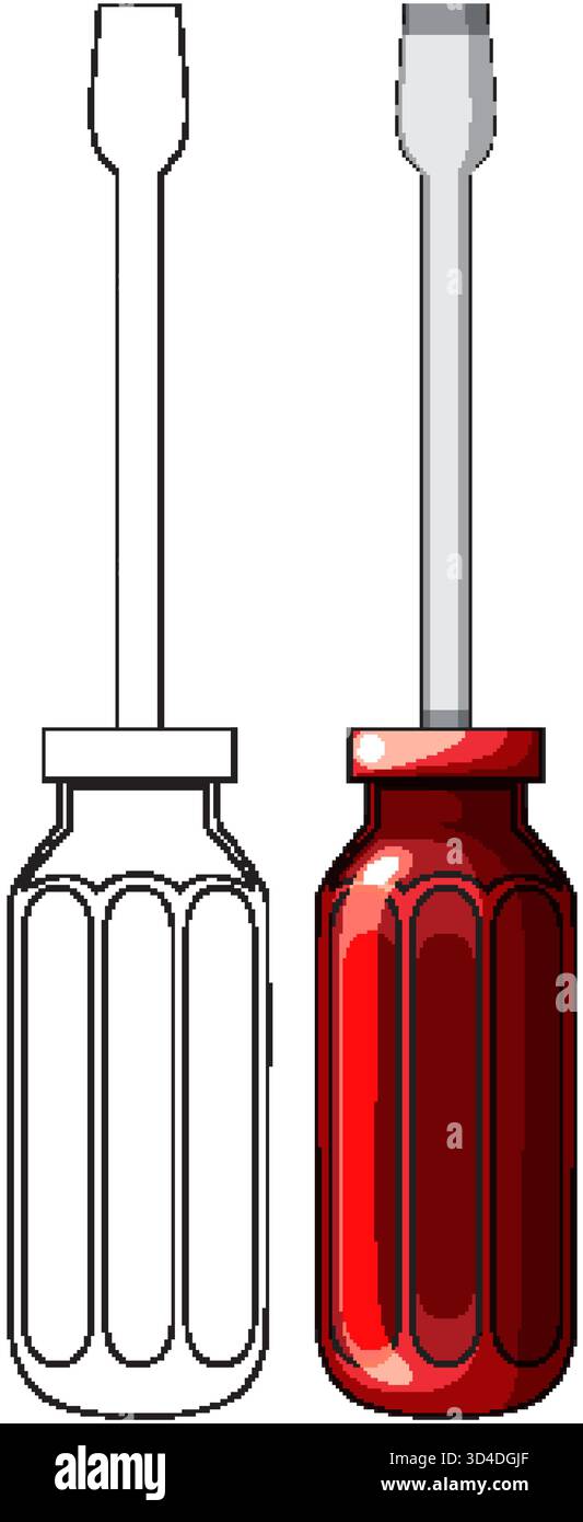 Flathead screwdriver with red handle, side-by-side outline and colored vector, clean digital style Stock Vector