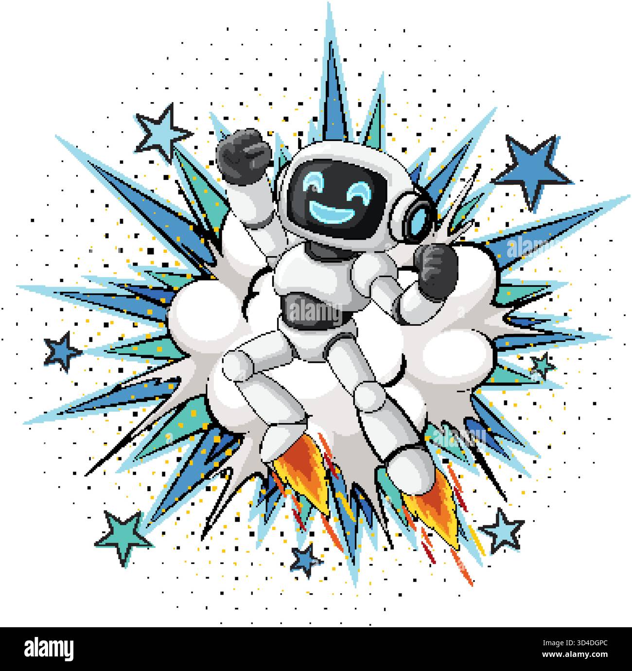 Cartoon robot with jetpack blasts off, surrounded by comic explosion, blue stars, dynamic lines Stock Vector