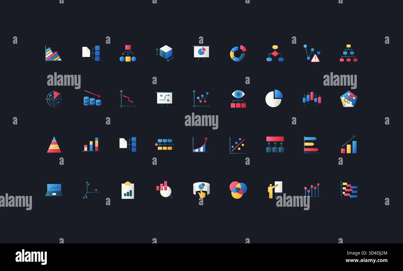 Gradient flat style icons set with simple diagrams, charts, graphs ...