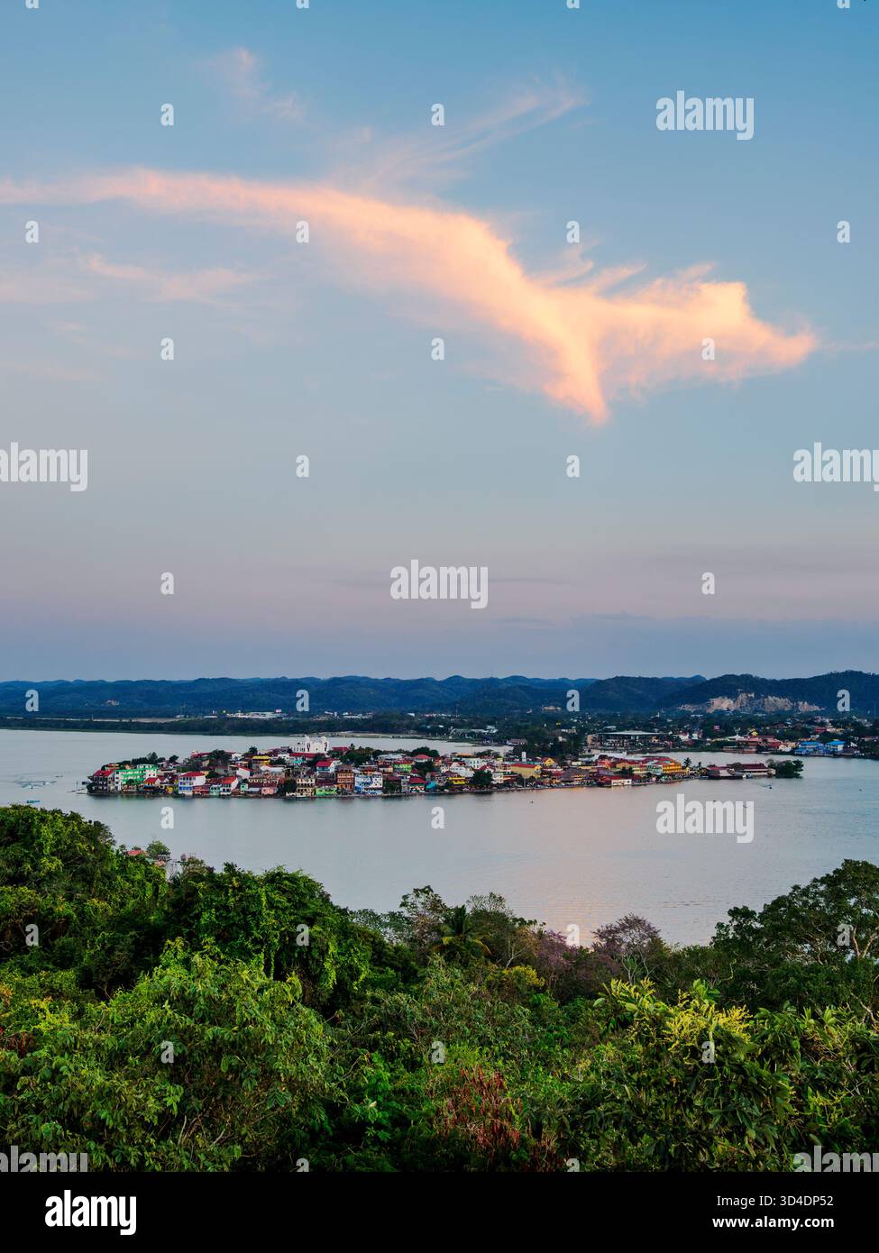 Flores Island at dusk, elevated view, Peten Department, Guatemala Stock Photo