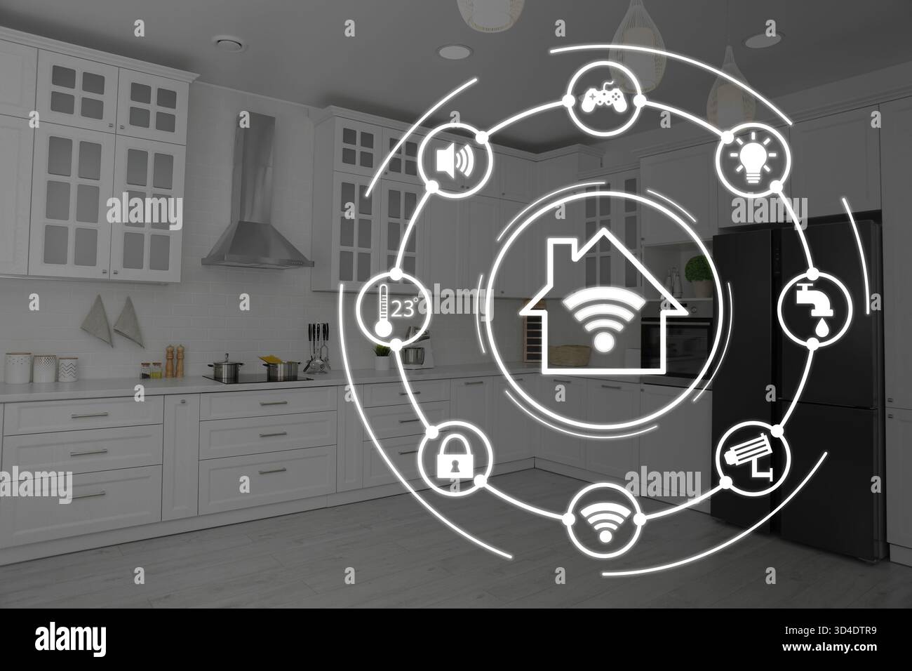 Smart home. Different icons on virtual screen against dining room Stock Photo