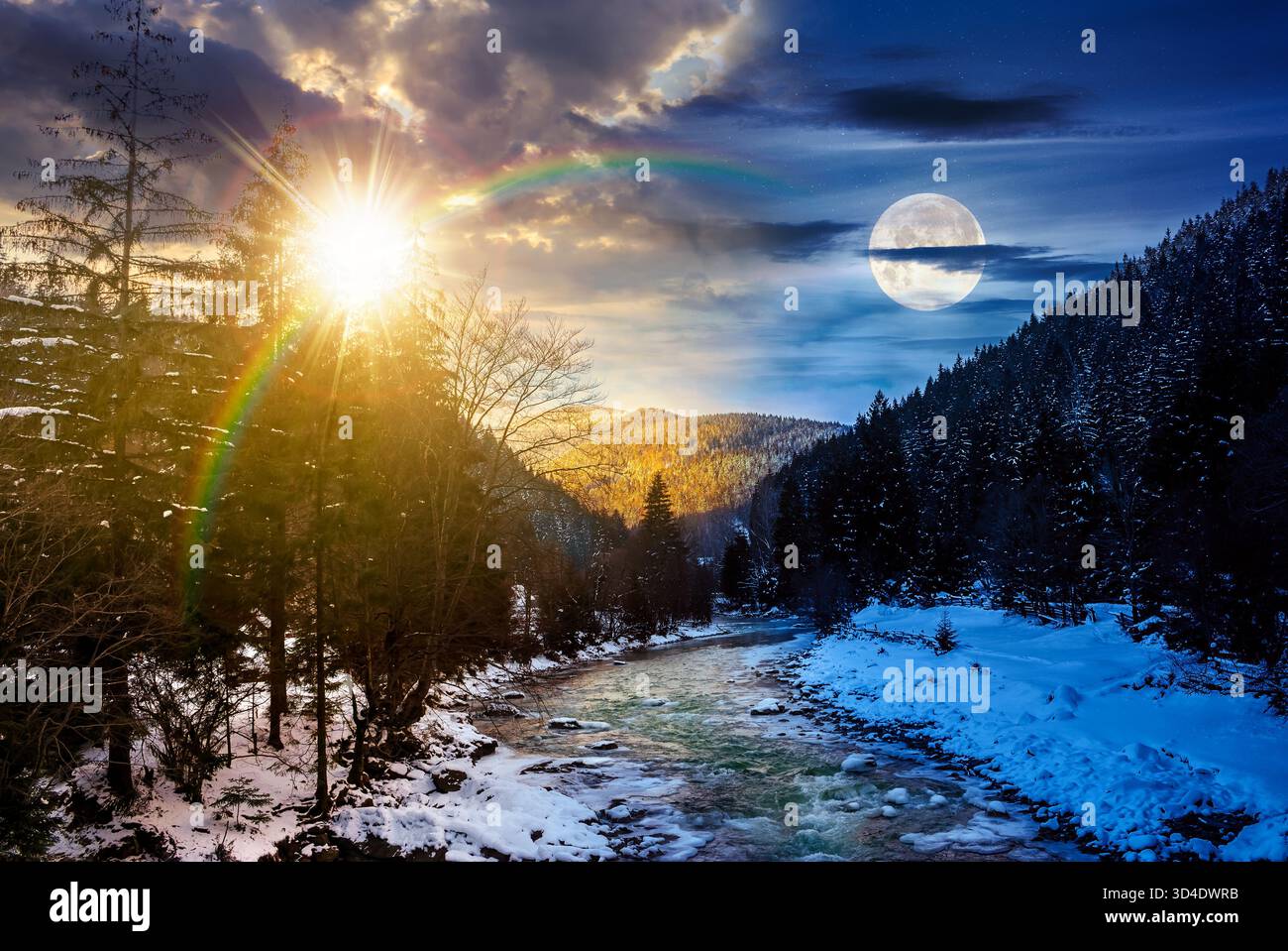 freezing river winding among coniferous forest. day and night time change concept. snow on the ground in countryside valley with sun and moon at twili Stock Photo