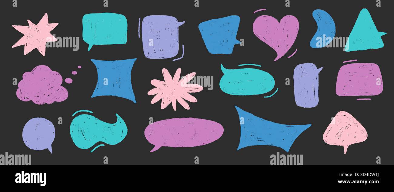 Crayon doodle speech bubble collection. Hand drawn chalk talk Frames. Cute text box set for Chat and Stickers Stock Vector
