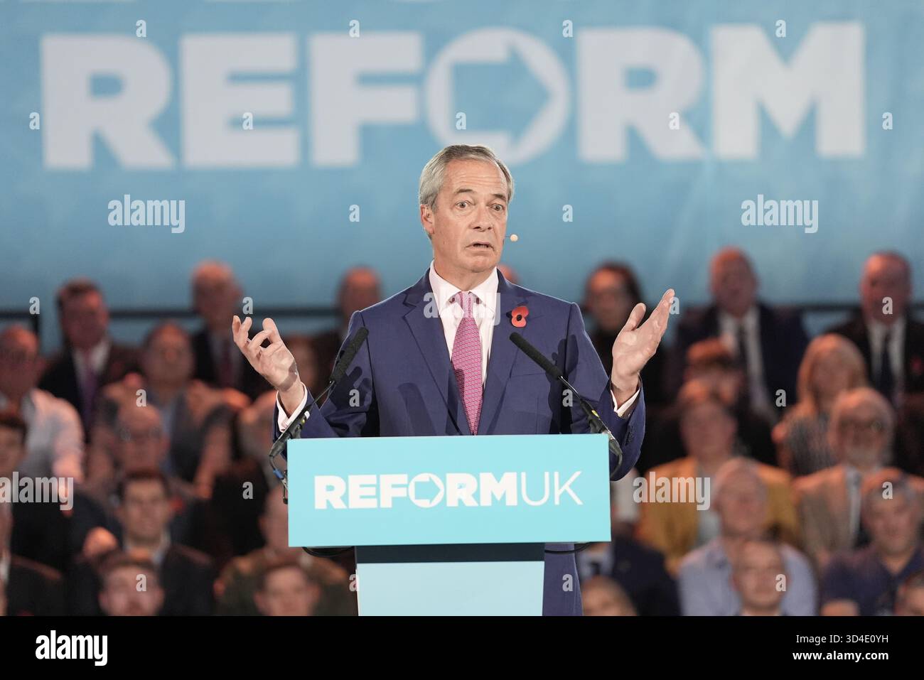 Reform UK leader Nigel Farage speaking during a press conference at the Royal Horticultural Halls in Westminster, London. Picture date: Monday November 10, 2025. Stock Photo
