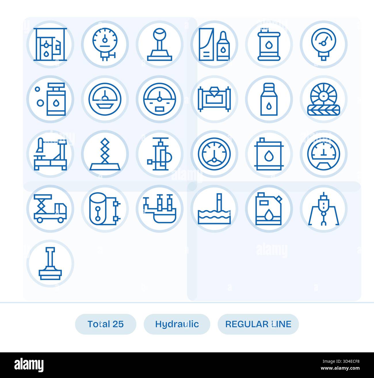 A complete icon library of 25 Regular Line visuals around Hydraulic ...