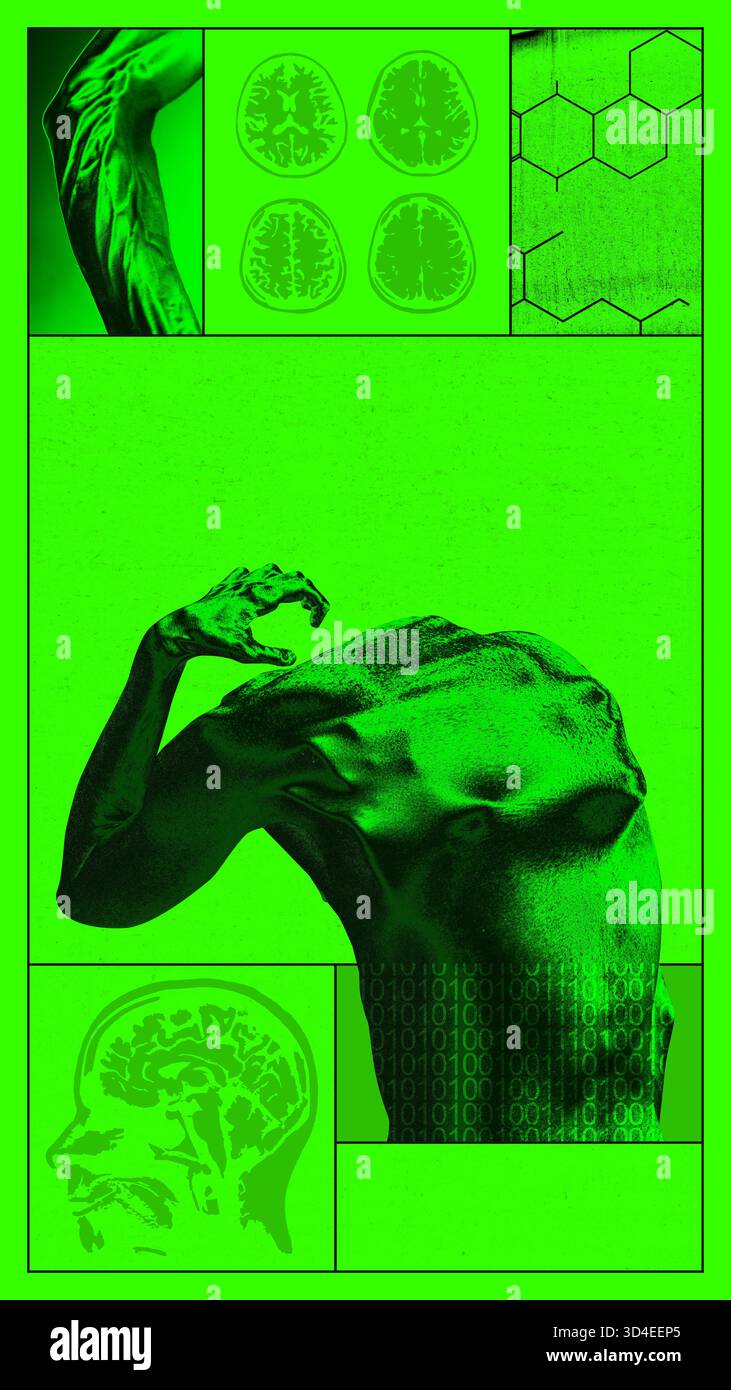 Bold poster. Human body with green digital brain scans and abstract ...