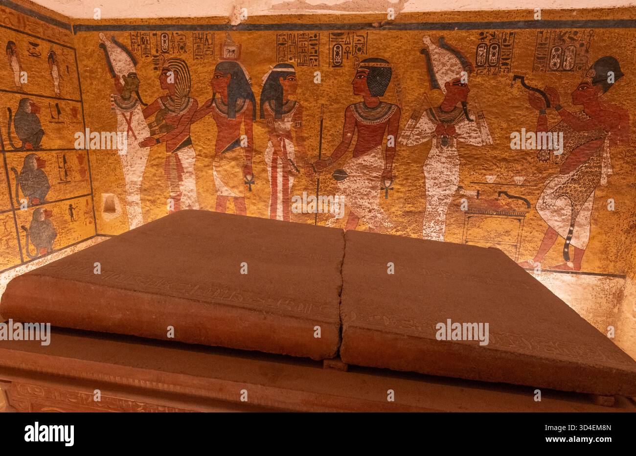 Wall art and sarcophagus in King Tut's tomb, Valley of the Kings,  Luxor, Egypt Stock Photo