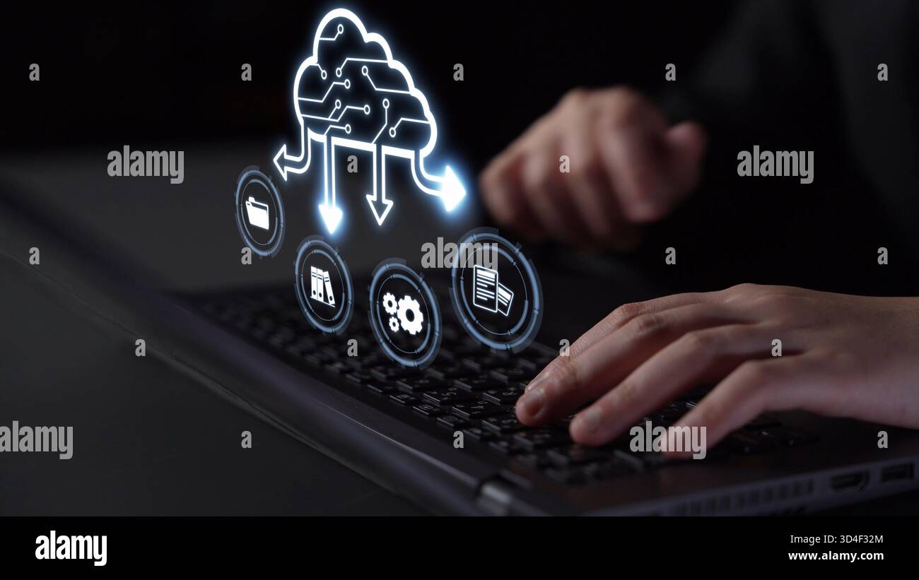 Cloud computing, cloud strategy, and cloud technology transforming digital infrastructure with scalable services, secure data storage, and cloud-based Stock Photo