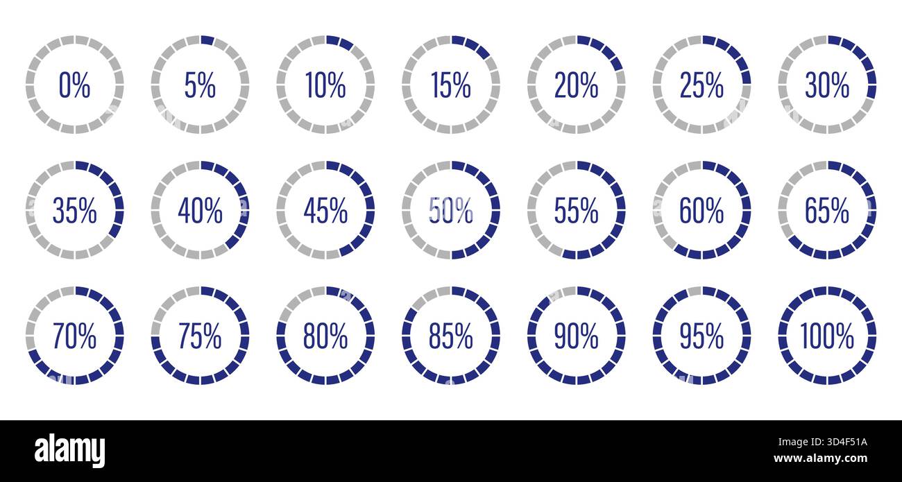 Dark blue progress bars. Template of blue and gray color fill pie ...