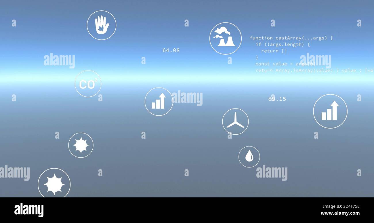 Displaying centered circular icons with CO and turbine, numeric readouts on dashboard horizon, code Stock Photo