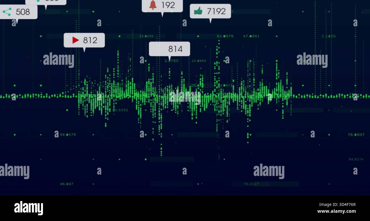 Displaying central green waveform on dark navy analytics UI, showing icon bubbles with counts Stock Photo