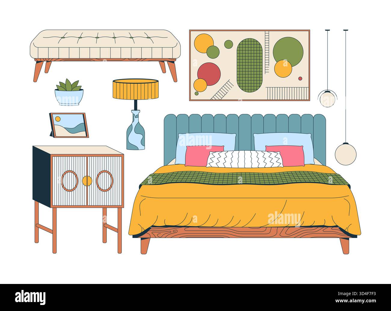 Modern cozy bedroom interior 2D cartoon objects set Stock Vector Image ...