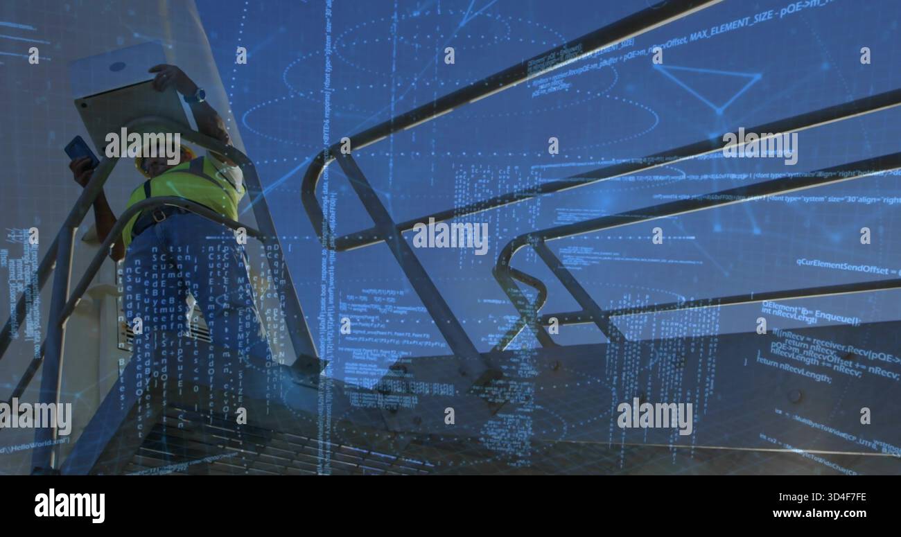 Checking tech using phone-tablet on raised deck, wearing hi-vis vest, with code overlay, copy space Stock Photo