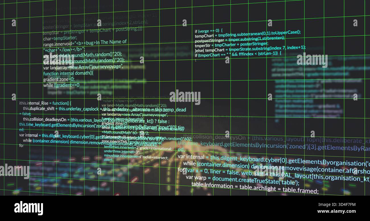 Pulsing central programming text cluster floating in virtual interface, with translucent green grid Stock Photo