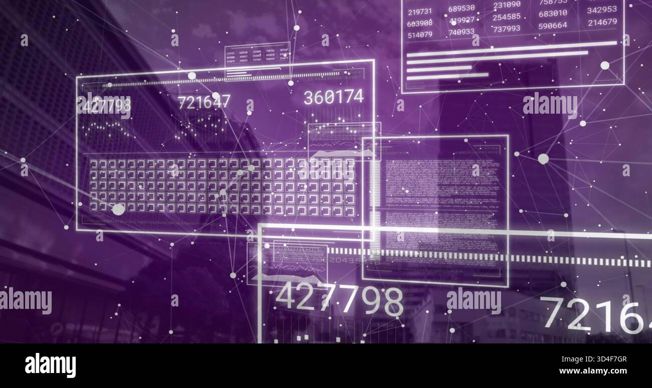 Displaying translucent panels hovering over city center, showing numeric readouts and chip grid Stock Photo