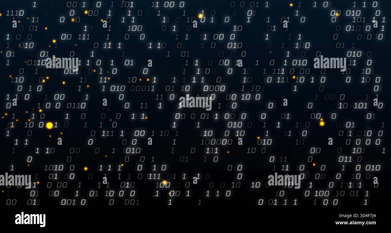 Streaming bits cascading in digital stream with orange-yellow specks, soft flares, blur clusters Stock Photo