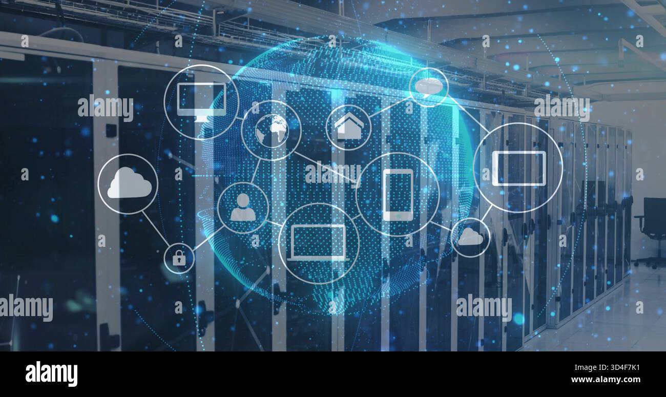 Projecting holographic network globe hovering over server rack aisle with device and security icons Stock Photo