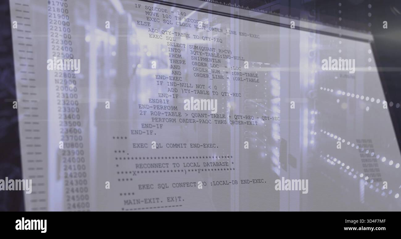 Displaying translucent code column overlaying server racks, showing LED ...