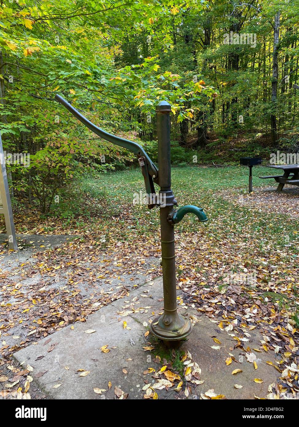 A green, hand water pump, at a picnic site in the forest at Laughing Whitefish Falls Scenic Site, in the fall, in Michigan - Smartphone Captured Stock Image