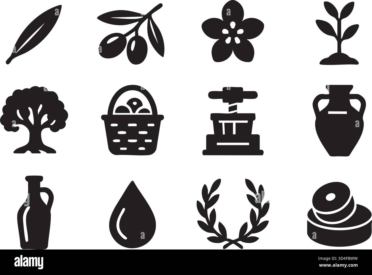 A collection of stylized vector icons representing olives and olive oil ...