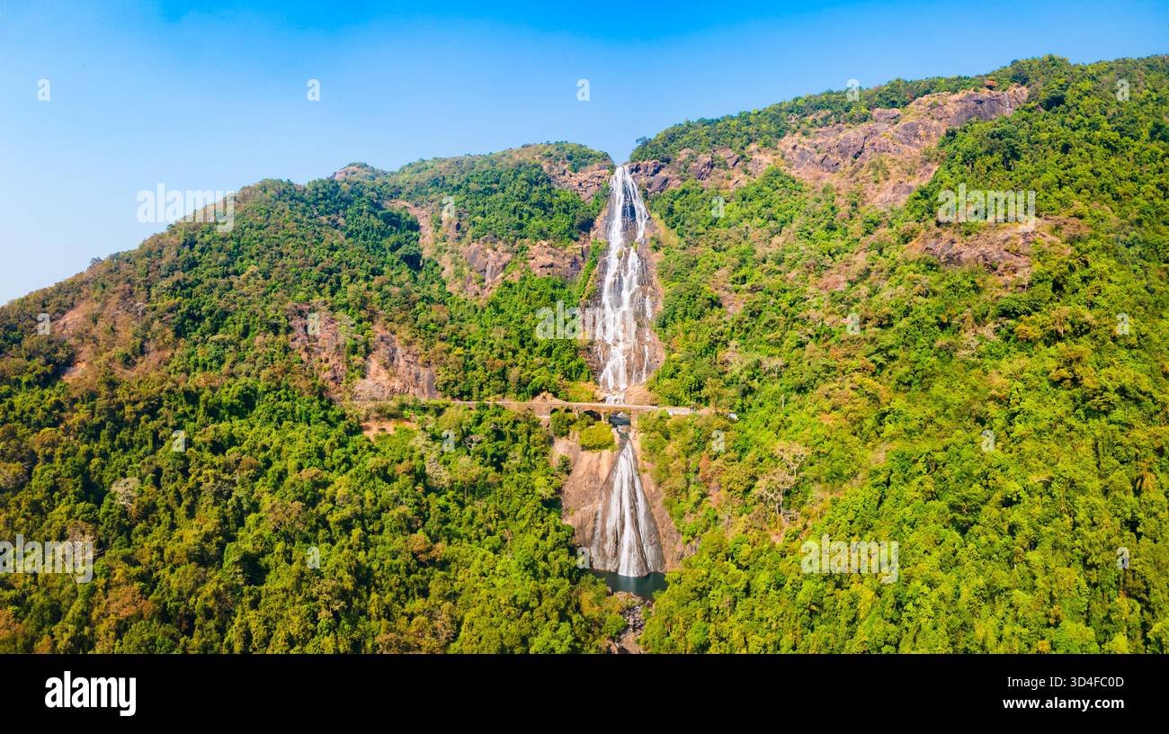 Dudhsagar Falls aerial panoramic view. Dudhsagar waterfall is a ...