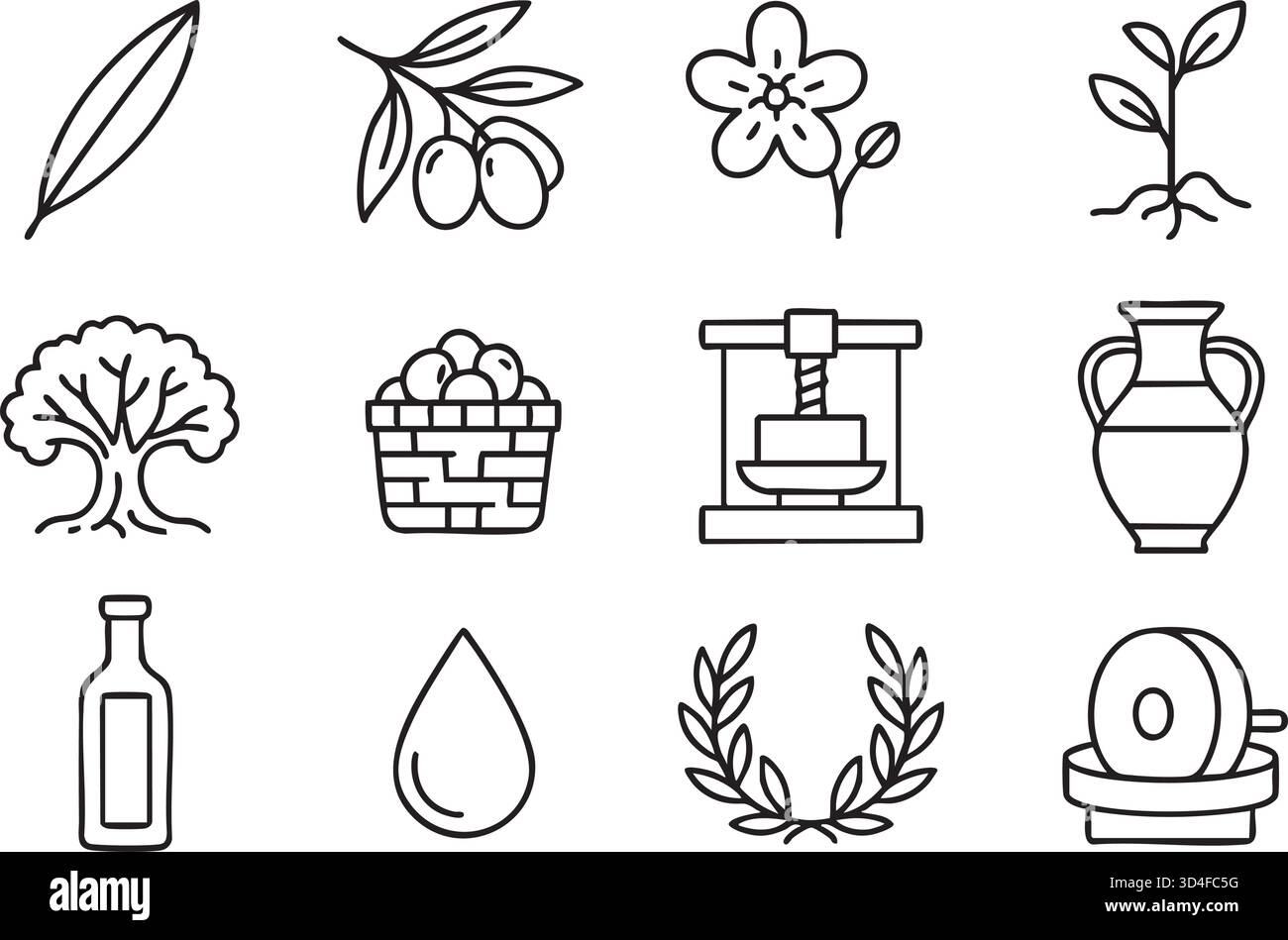 A collection of stylized vector icons representing olives and olive oil ...