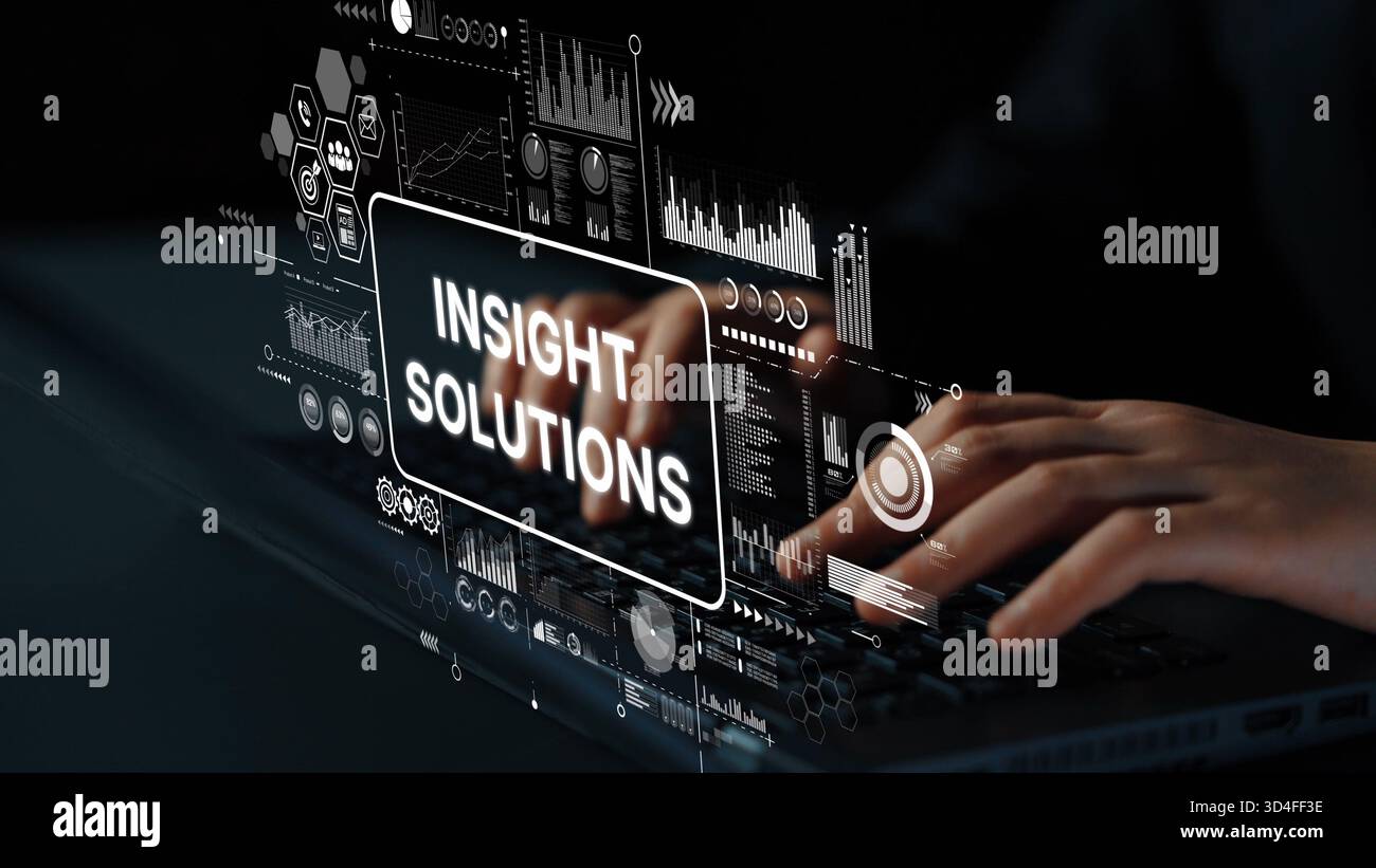 Hands Typing on Laptop with Data Analysis Visuals Displaying Insight Solutions Concept. Asymptotic smart data analytic. Stock Photo