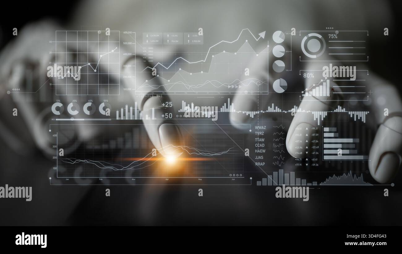 A close-up view of a robotic hand engaging with various digital graphs ...