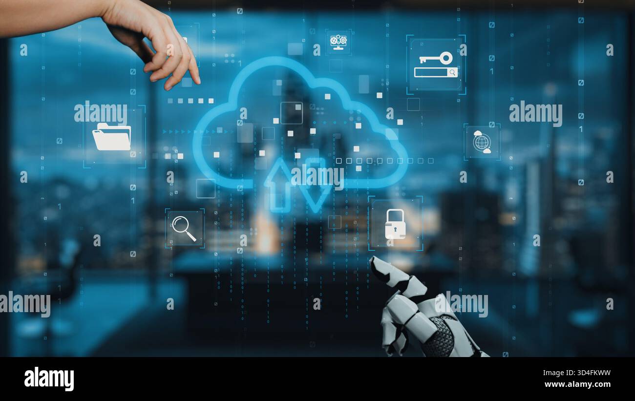 A captivating image showcasing a robotic hand interacting with a virtual cloud interface, symbolizing data transfer and security in a modern urban Stock Photo