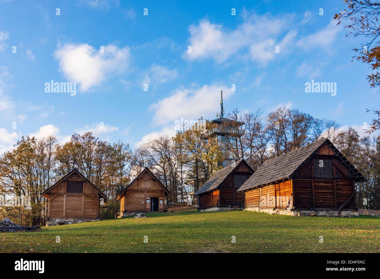 openair museum of hilltop settlement of Burg in Schwarzenbach, Bucklige Welt region. The settlement was a Celtic oppidum on the Burgberg hill. Schwarz Stock Photo
