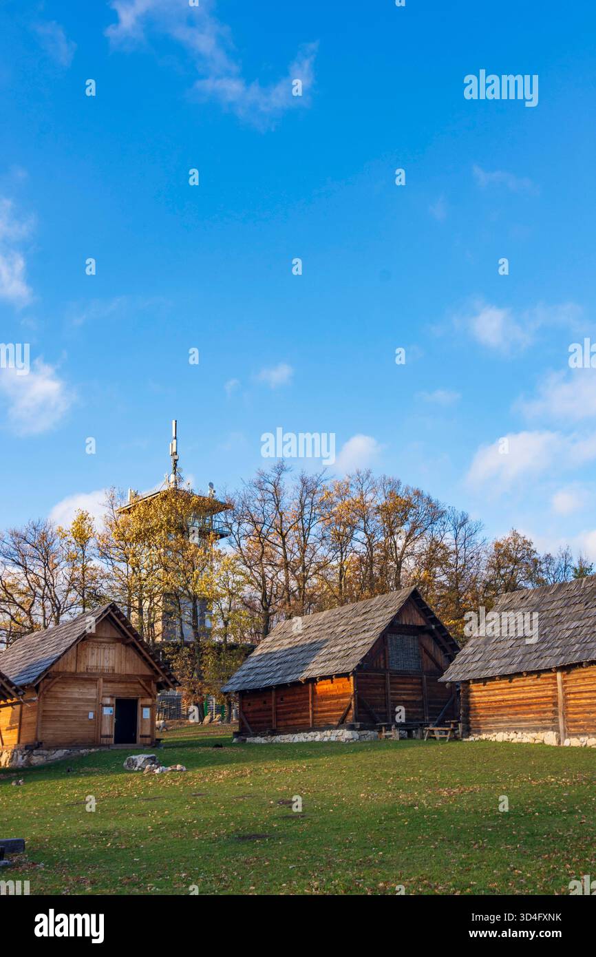 openair museum of hilltop settlement of Burg in Schwarzenbach, Bucklige Welt region. The settlement was a Celtic oppidum on the Burgberg hill. Schwarz Stock Photo