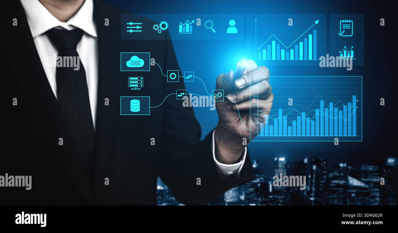 Data flow from database and cloud to processing and analytics dashboards, representing data analysis, automation, insight generation, and digital Stock Photo