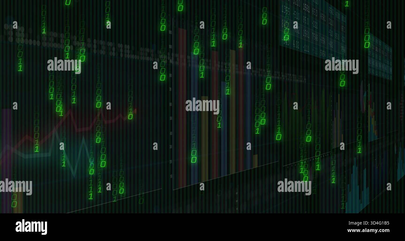 Flowing layered visual showing onscreen analytics with cascading binary digits, red teal bars Stock Photo